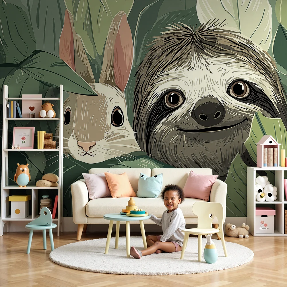 Papel de parede crianç | Preguiçoso e coelho em uma selva luxuriante
