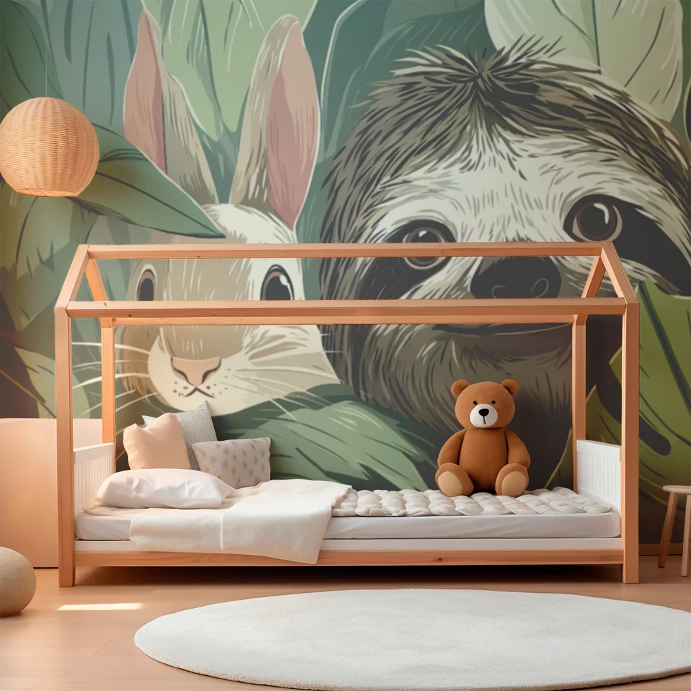Papel de parede crianç | Preguiçoso e coelho em uma selva luxuriante