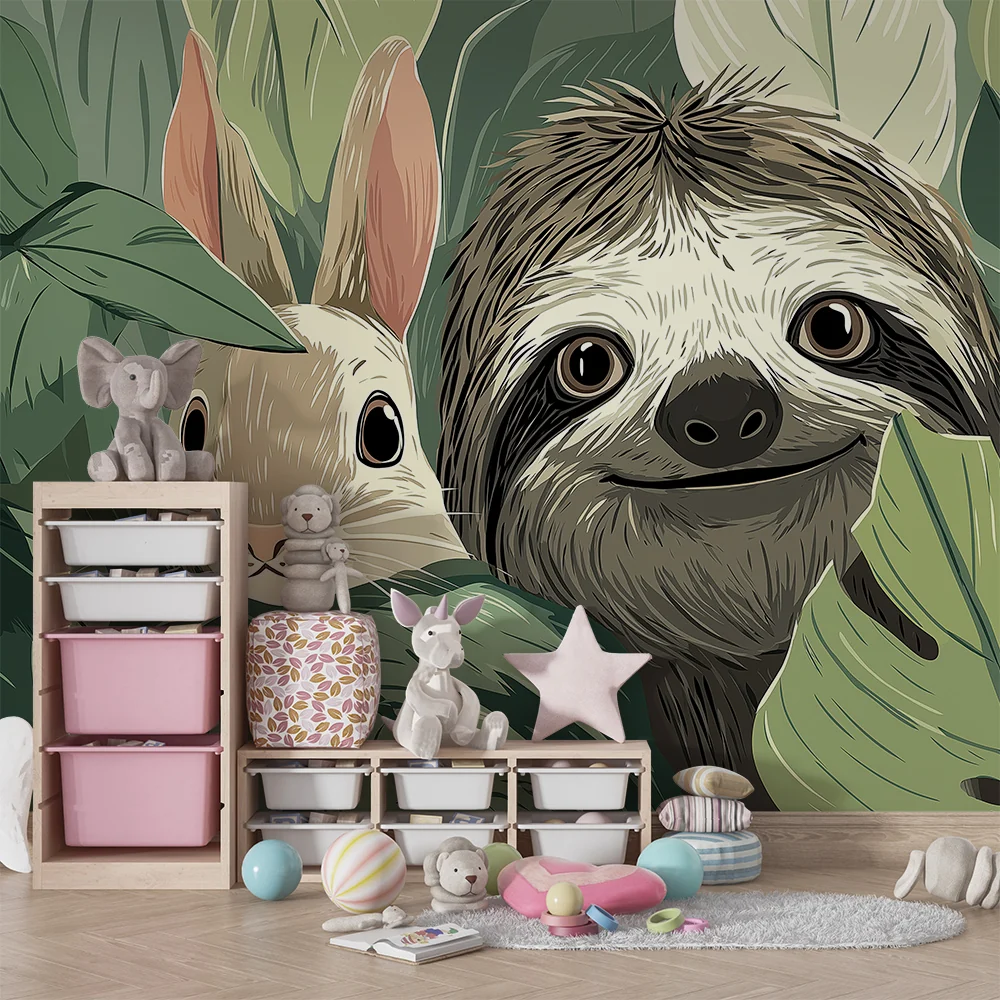 Papel de parede crianç | Preguiçoso e coelho em uma selva luxuriante