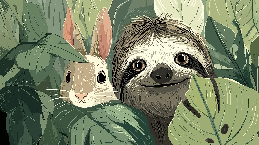 Papel de parede crianç | Preguiçoso e coelho em uma selva luxuriante