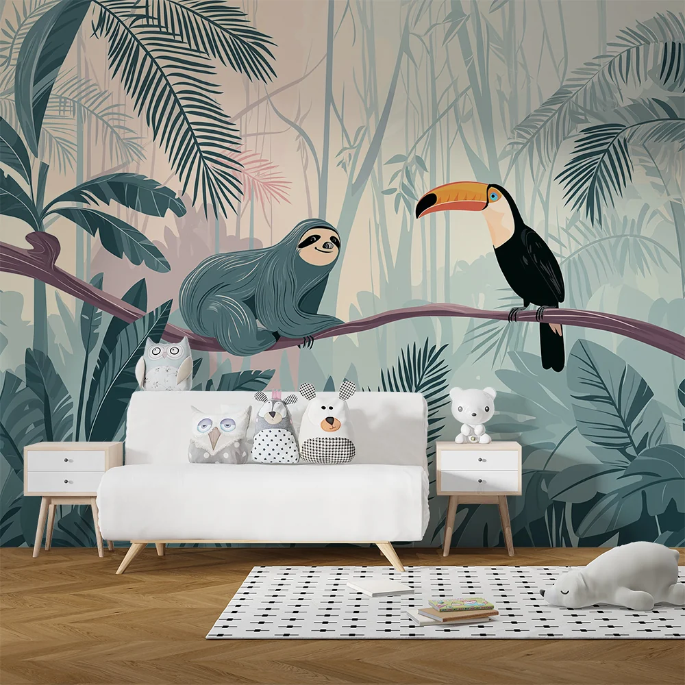 Papel de parede crianç | Preguiçoso e tucano em uma selva tropical