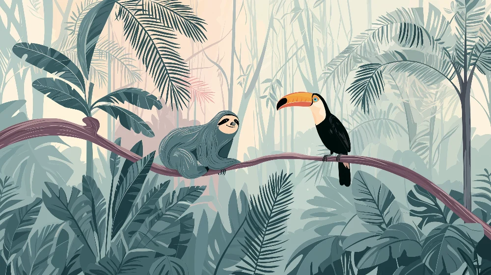 Papel de parede crianç | Preguiçoso e tucano em uma selva tropical