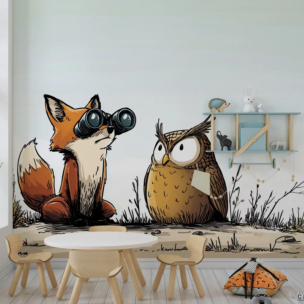 Papel de parede crianç | Raposa curiosa e coruja sábia