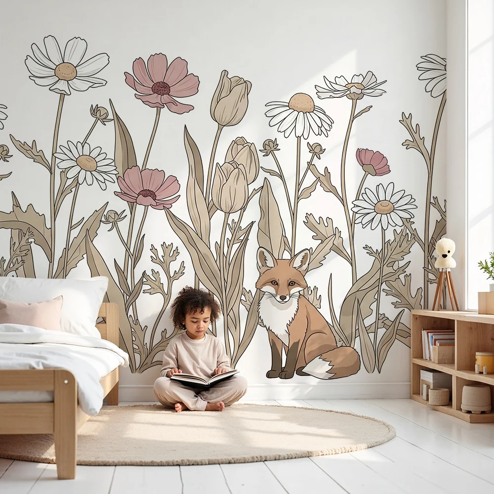 Papel de parede crianç | Raposa e flores selvagens