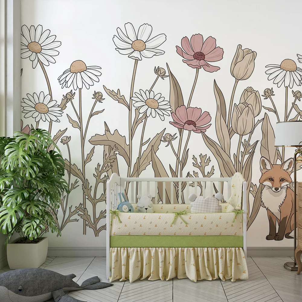 Papel de parede crianç | Raposa e flores selvagens