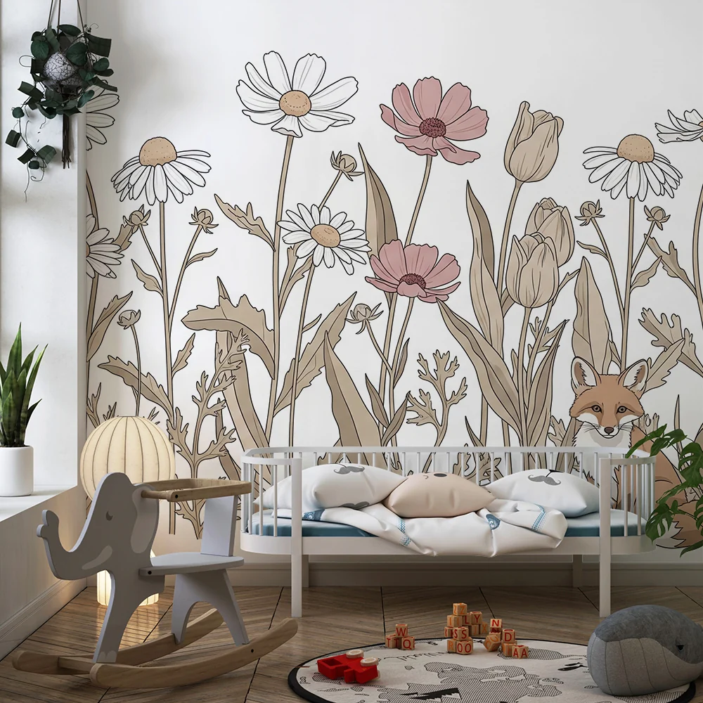 Papel de parede crianç | Raposa e flores selvagens