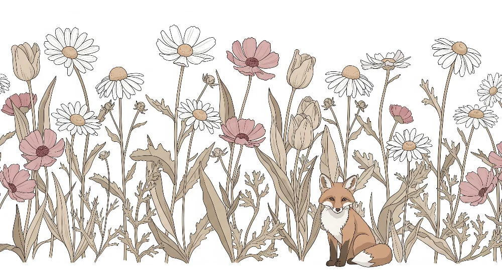 Papel de parede crianç | Raposa e flores selvagens
