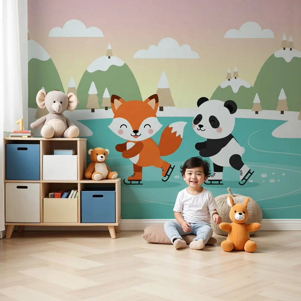 Papel de parede crianç | Raposa e panda patinando no gelo
