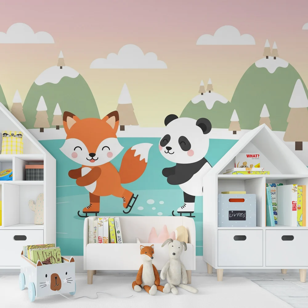 Papel de parede crianç | Raposa e panda patinando no gelo