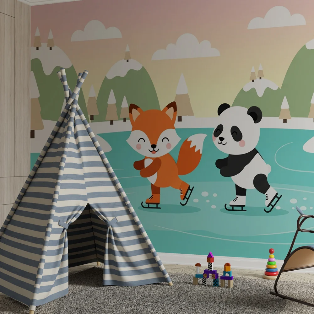 Papel de parede crianç | Raposa e panda patinando no gelo