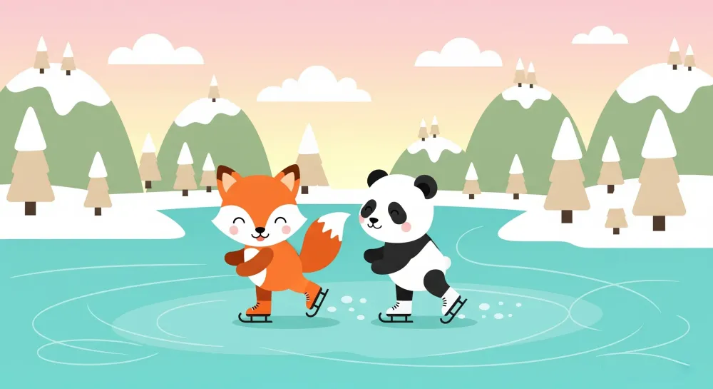 Papel de parede crianç | Raposa e panda patinando no gelo