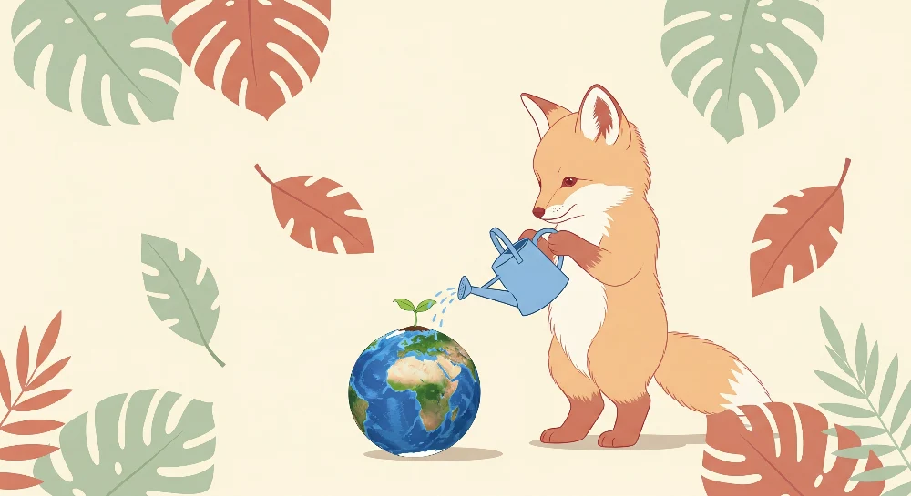 Papel de parede crianç | Raposa regando o planeta com folhas tropicais