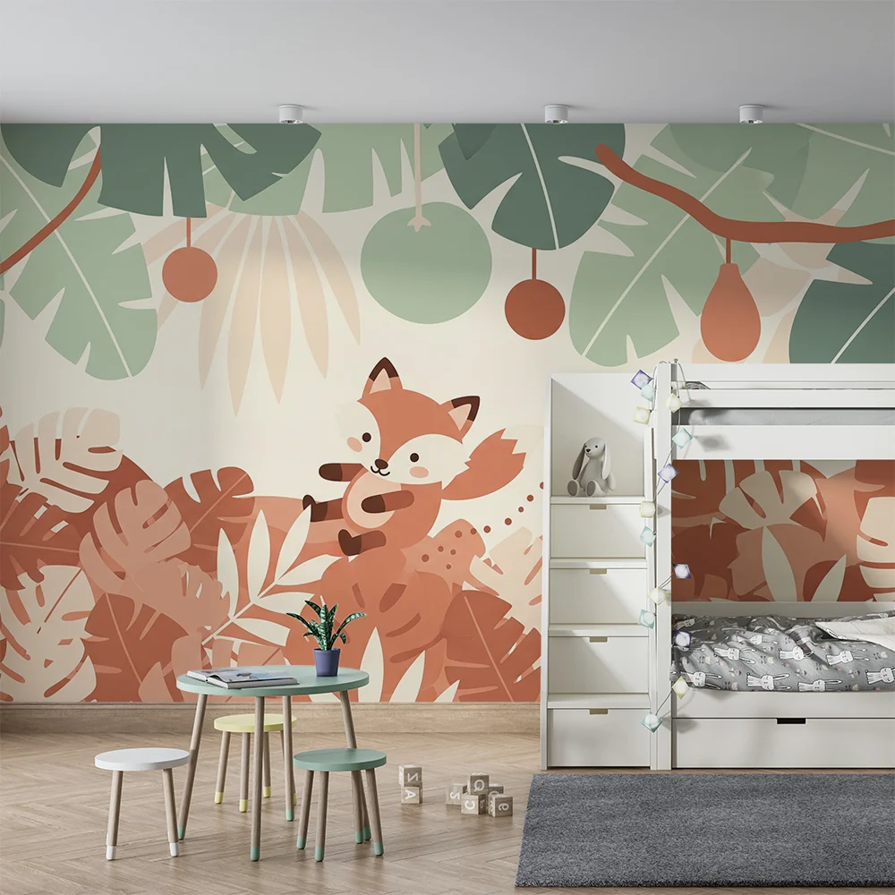 Papel de parede crianç | Raposa travessa no meio da selva colorida