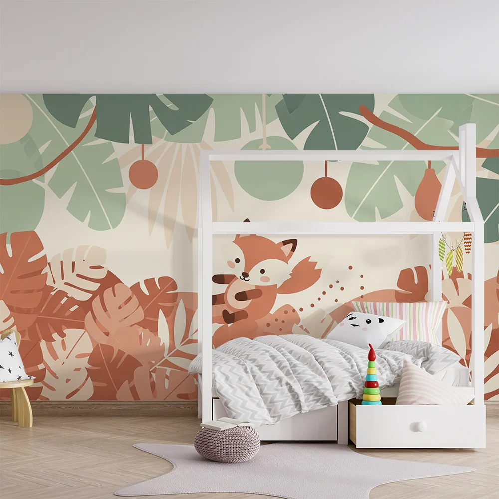 Papel de parede crianç | Raposa travessa no meio da selva colorida