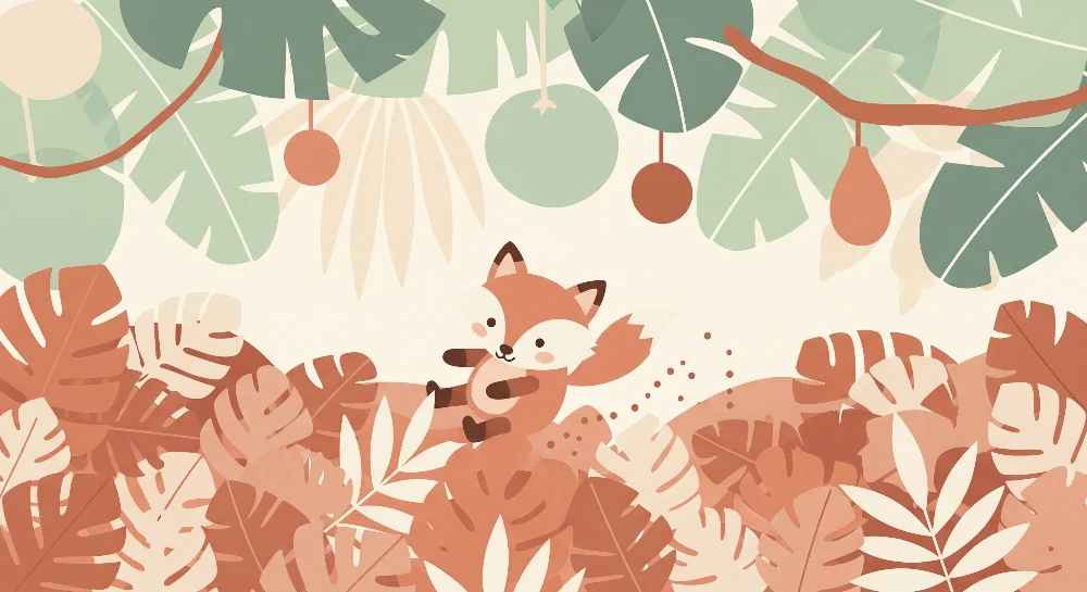 Papel de parede crianç | Raposa travessa no meio da selva colorida