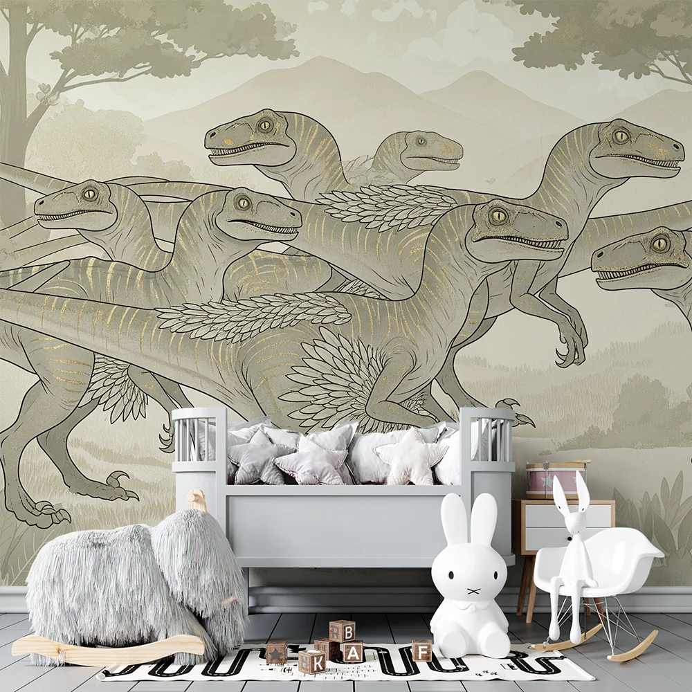 Papel de parede crianç | Raptor dinossauro em uma paisagem pré-histórica