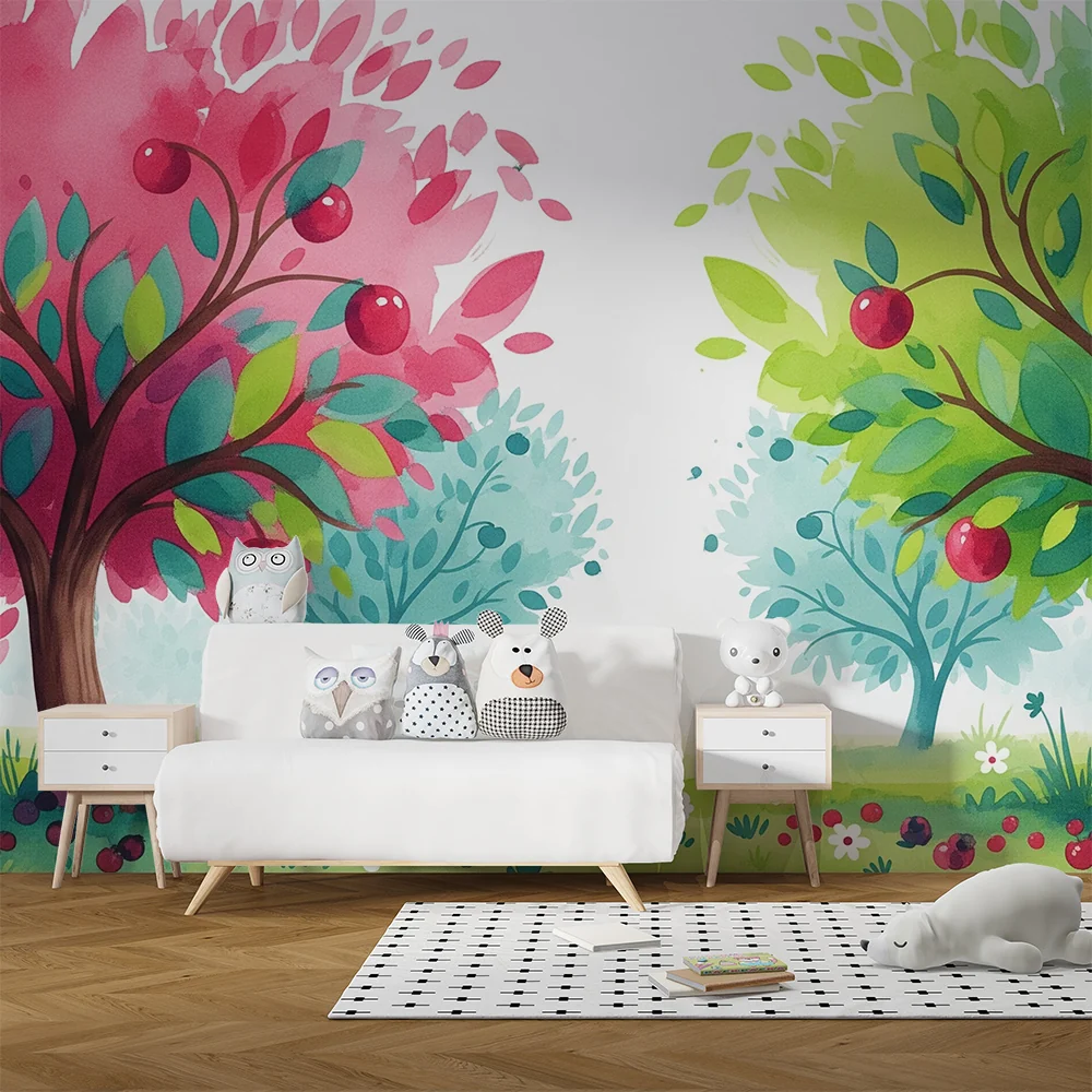 Papel de parede crianç | Árvores frutíferas coloridas e jardim encantado