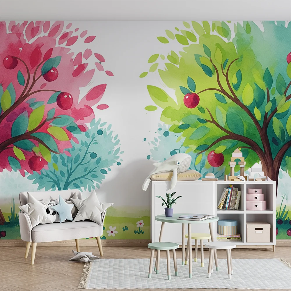 Papel de parede crianç | Árvores frutíferas coloridas e jardim encantado