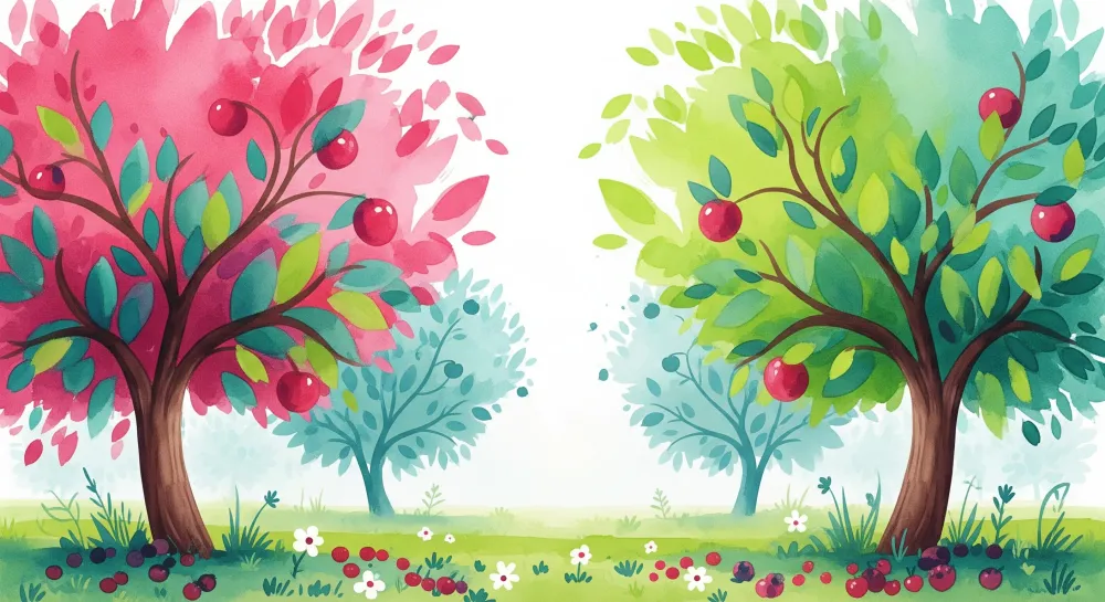 Papel de parede crianç | Árvores frutíferas coloridas e jardim encantado