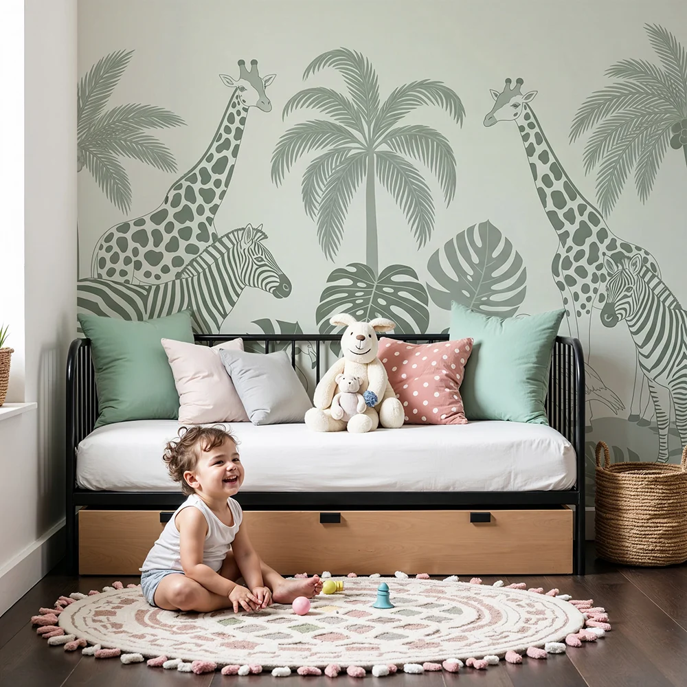 Papel de parede crianç | Safari tropical com girafas e zebras verde sálvia