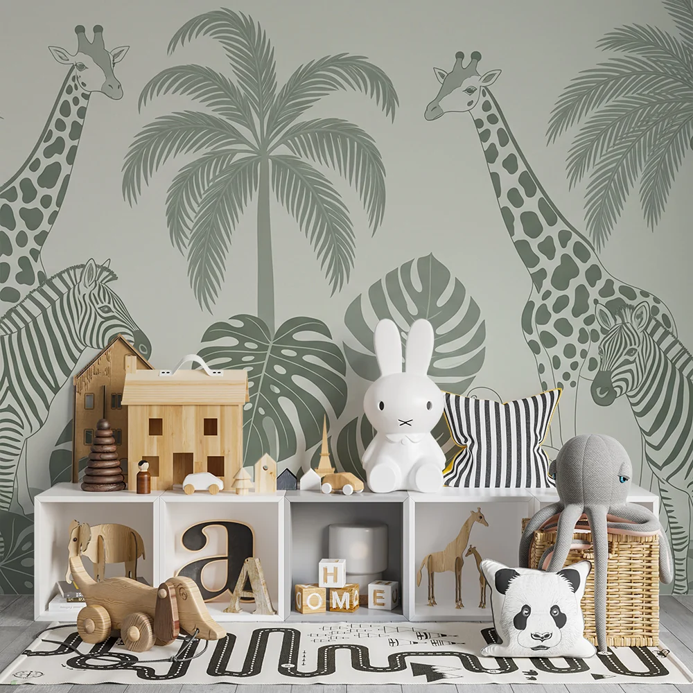 Papel de parede crianç | Safari tropical com girafas e zebras verde sálvia