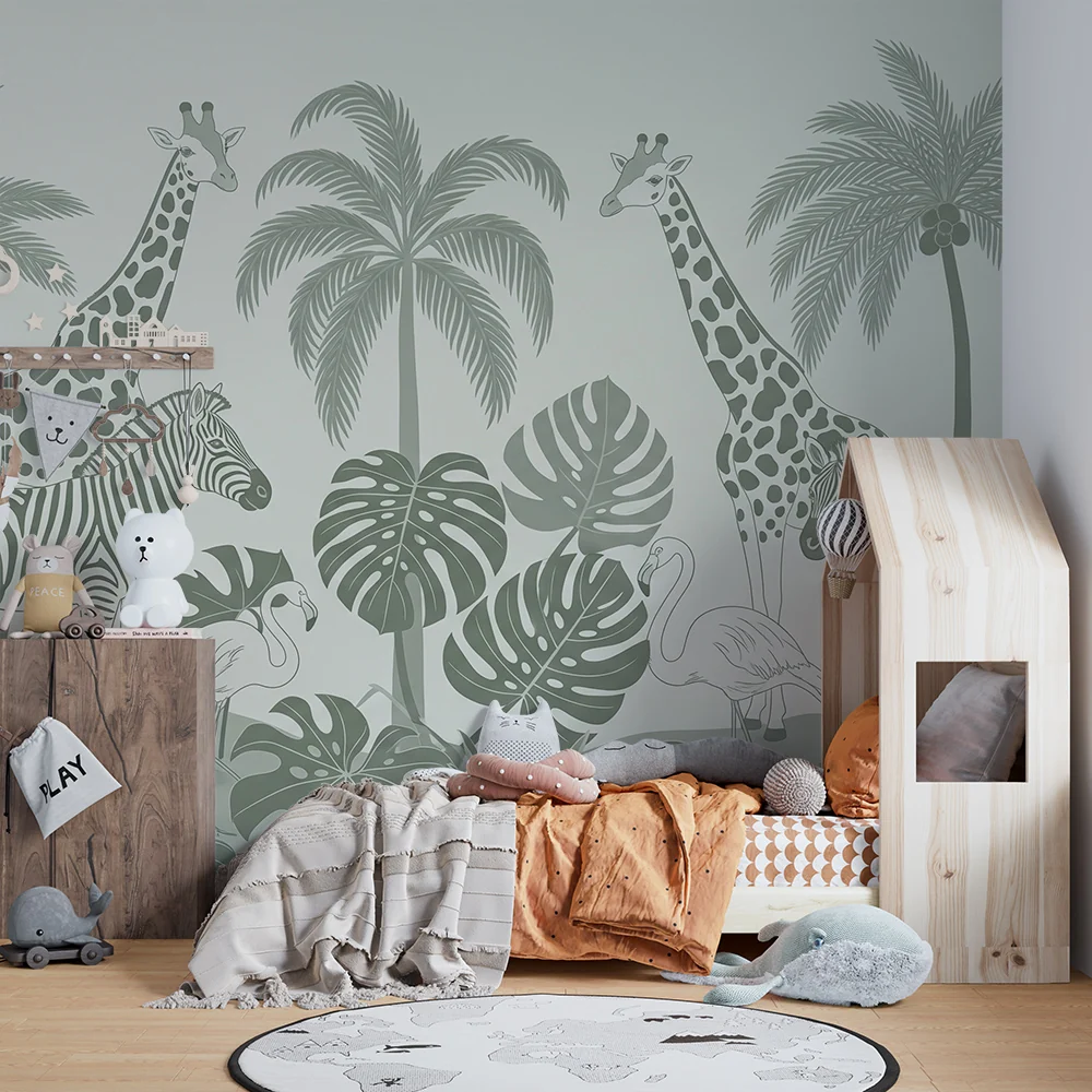 Papel de parede crianç | Safari tropical com girafas e zebras verde sálvia