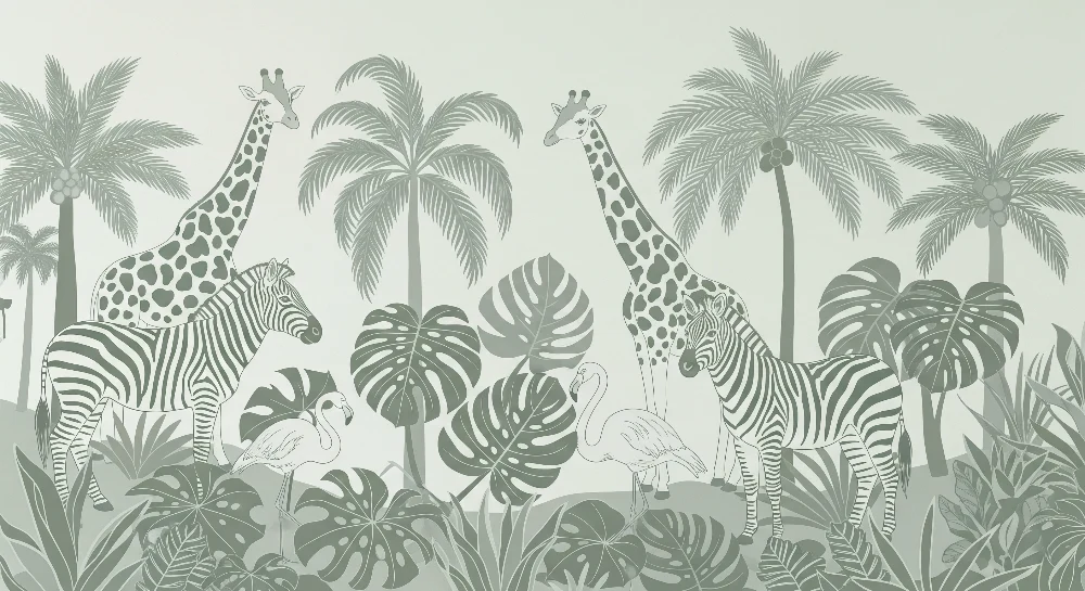 Papel de parede crianç | Safari tropical com girafas e zebras verde sálvia