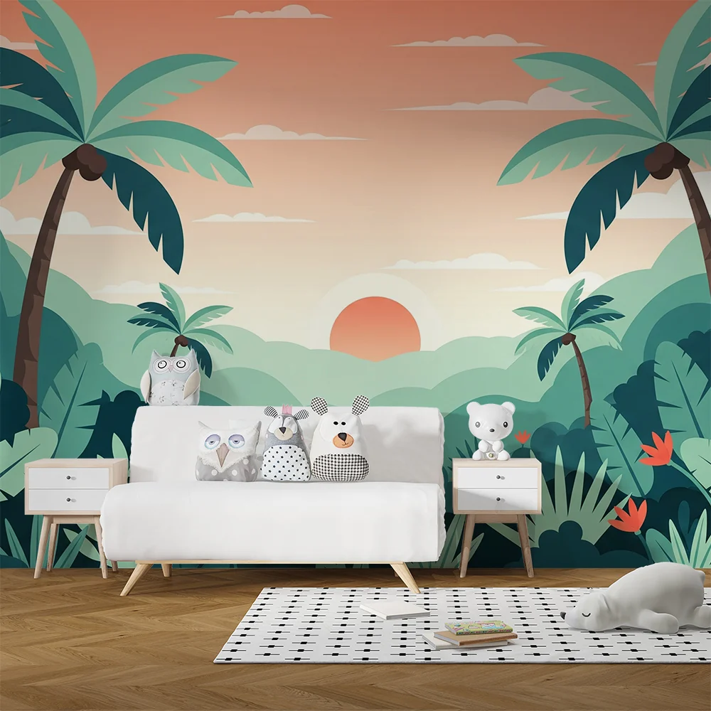 Papel de parede crianç | Selva com palmeiras e pôr do sol
