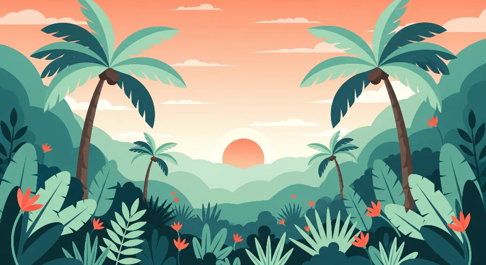 Papel de parede crianç | Selva com palmeiras e pôr do sol