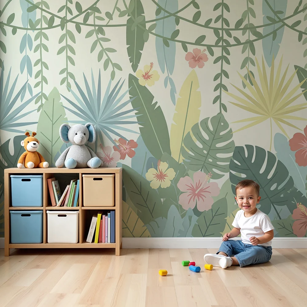 Papel de parede crianç | Selva tropical e flores exóticas