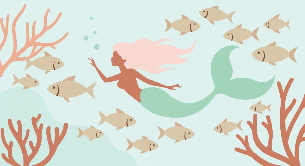 Papel de parede crianç | Sereia e peixes em um oceano colorido