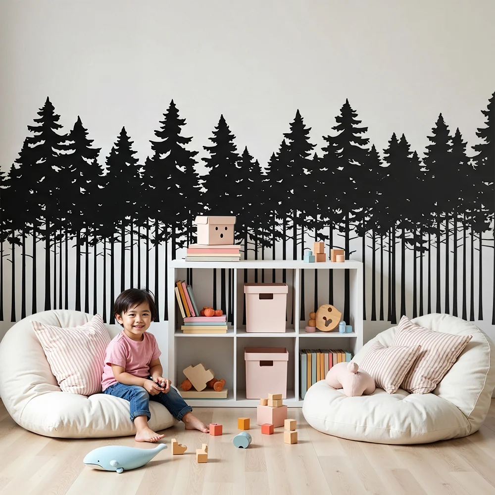 Papel de parede crianç | Silhueta de uma floresta negra em fundo branco