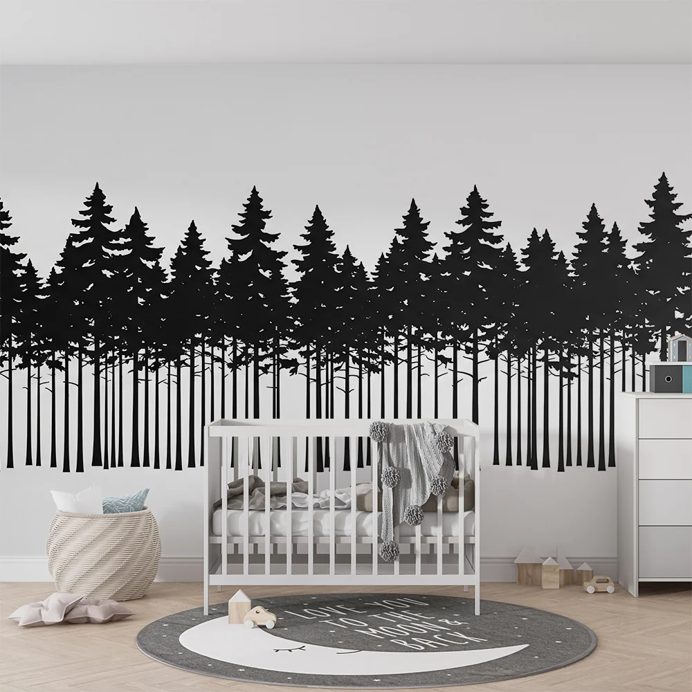Papel de parede crianç | Silhueta de uma floresta negra em fundo branco