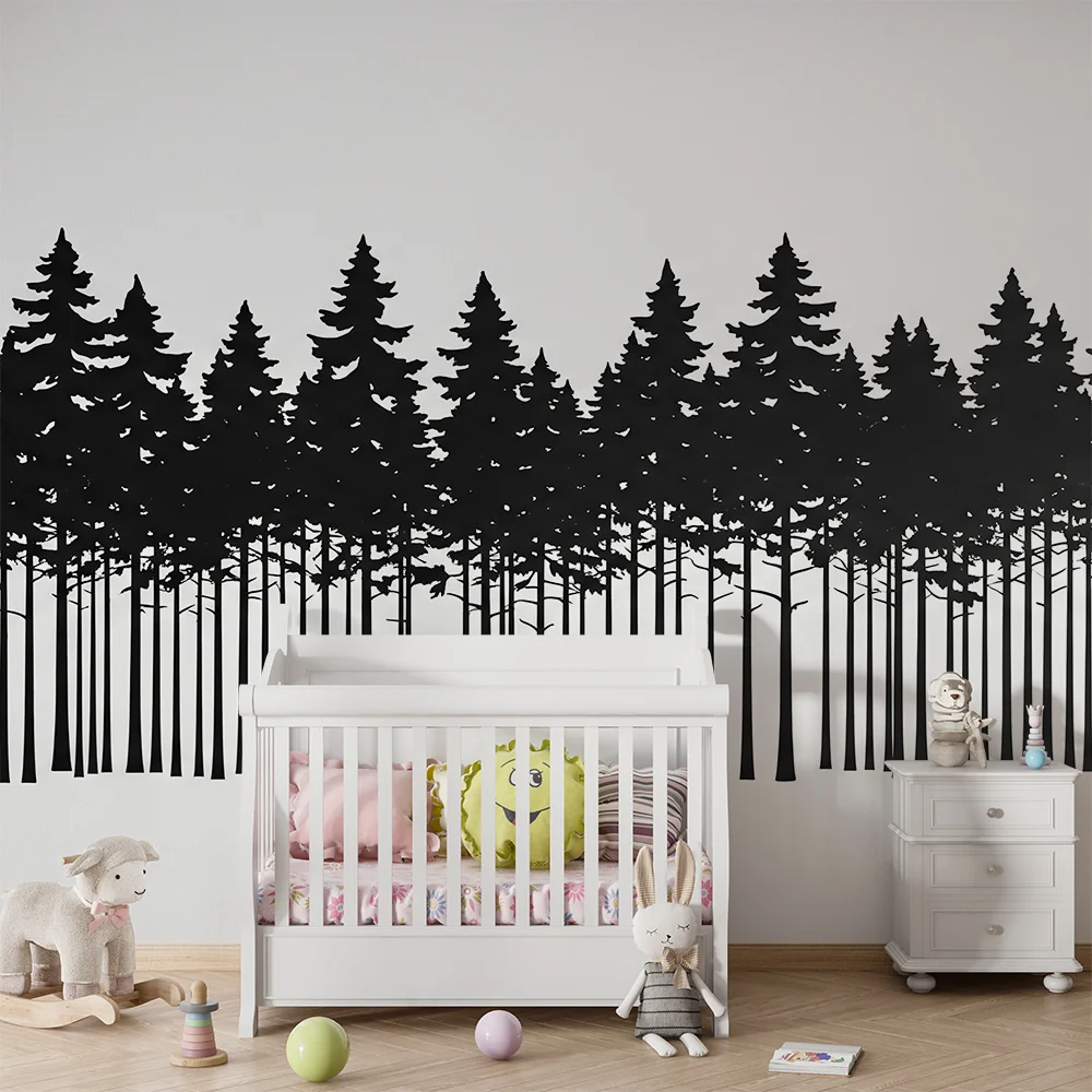 Papel de parede crianç | Silhueta de uma floresta negra em fundo branco