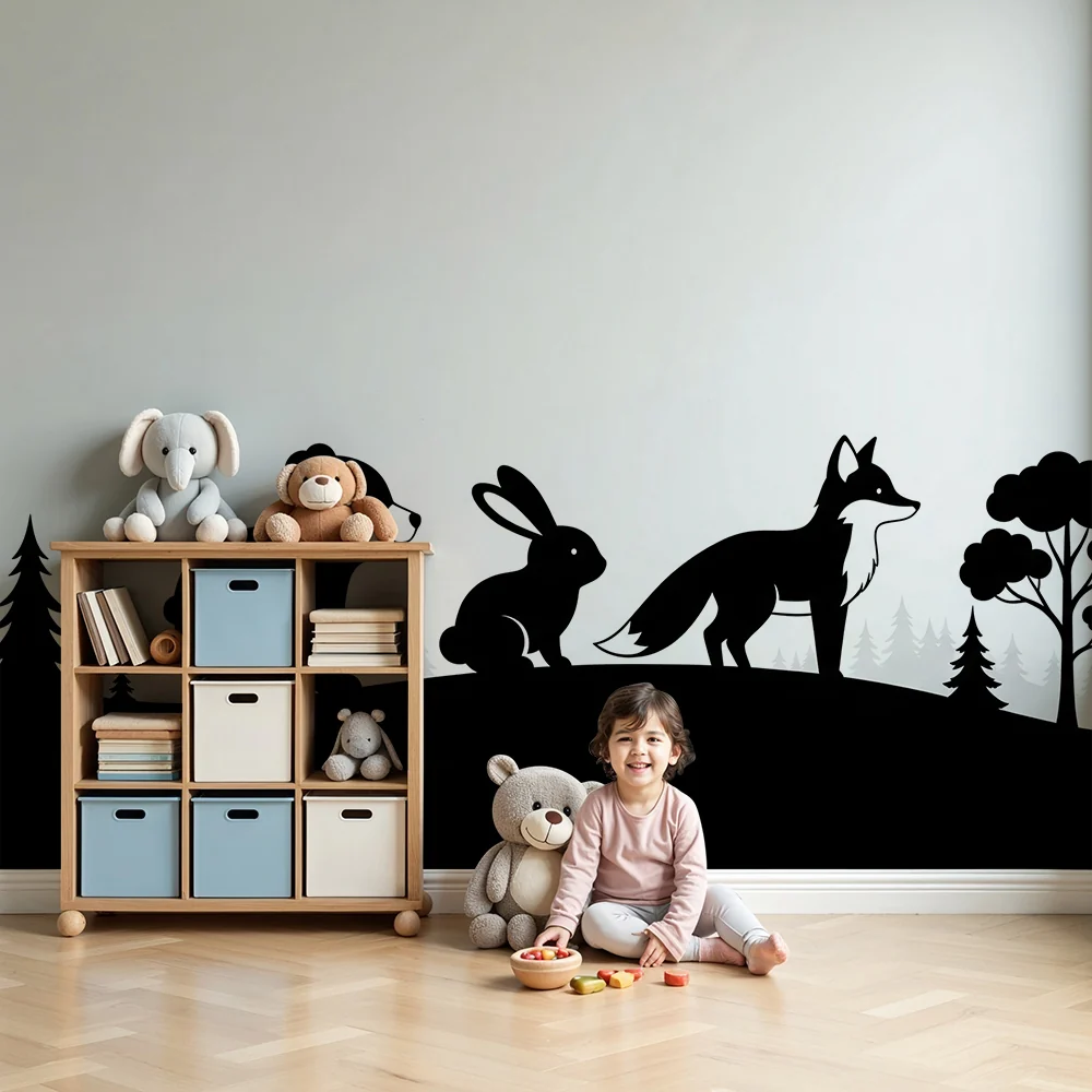 Papel de parede crianç | Silhuetas de animais da floresta em preto e branco