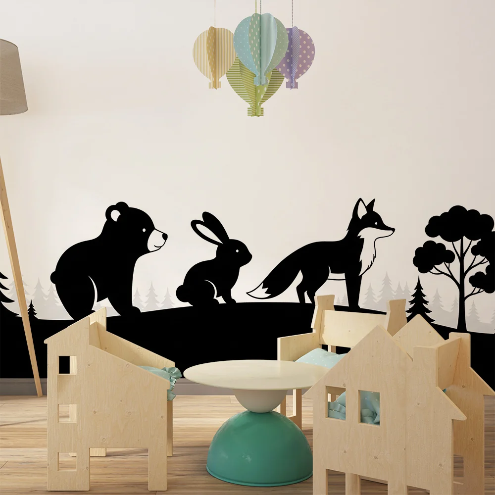 Papel de parede crianç | Silhuetas de animais da floresta em preto e branco