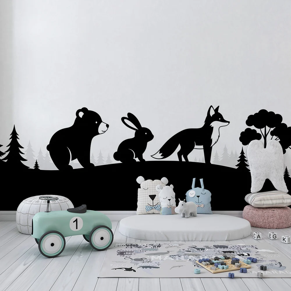 Papel de parede crianç | Silhuetas de animais da floresta em preto e branco