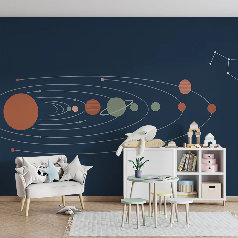 Papel de parede crianç | Sistema solar em fundo azul-pato com planetas coloridos