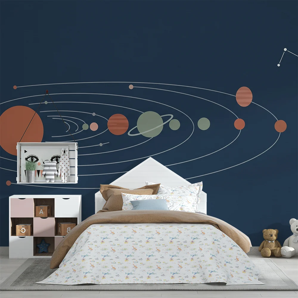 Papel de parede crianç | Sistema solar em fundo azul-pato com planetas coloridos