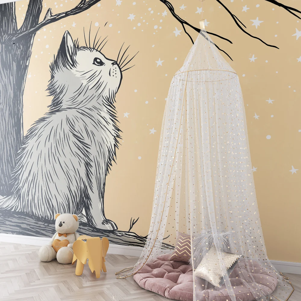 Papel de parede crianç | Sonhador gatinho sob um céu estrelado