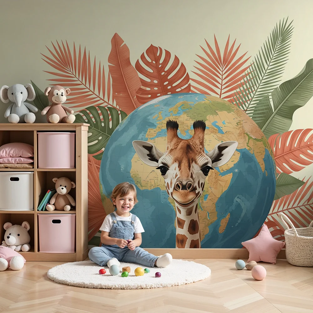 Papel de parede crianç | Sorriso de girafa cercado por folhagem tropical e globo terrestre