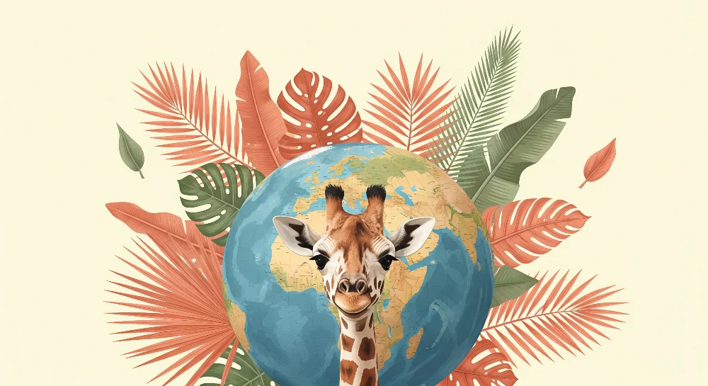 Papel de parede crianç | Sorriso de girafa cercado por folhagem tropical e globo terrestre