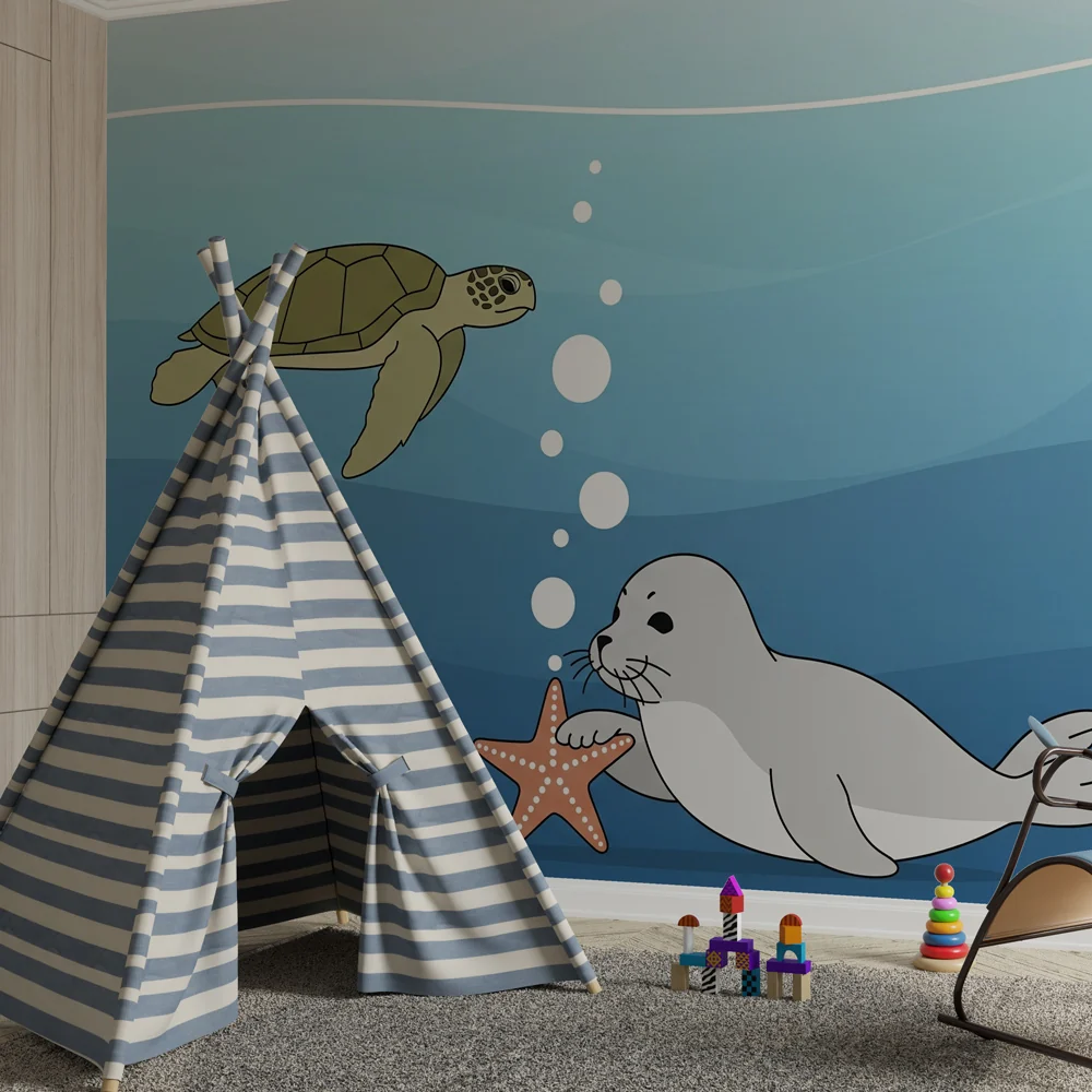 Papel de parede crianç | Subaquatic adventures turtle and seal