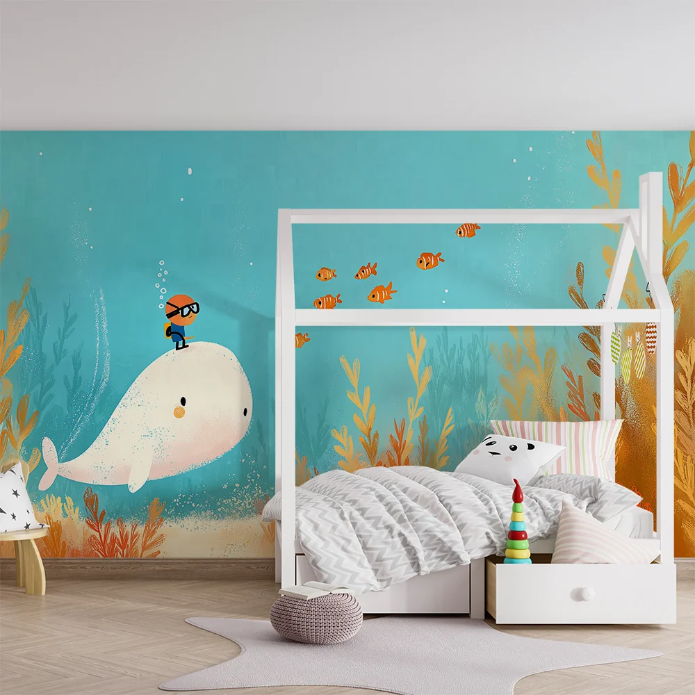 Papel de parede crianç | Subaquático aventura com uma baleia e peixes coloridos