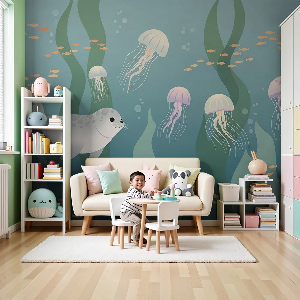 Papel de parede crianç | Subaquático com focas e águas-vivas coloridas