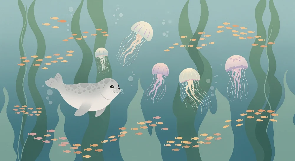 Papel de parede crianç | Subaquático com focas e águas-vivas coloridas