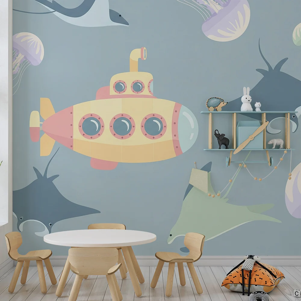 Papel de parede crianç | Submarino colorido e criaturas marinhas em um oceano tranquilo