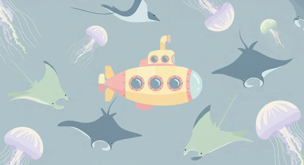 Papel de parede crianç | Submarino colorido e criaturas marinhas em um oceano tranquilo