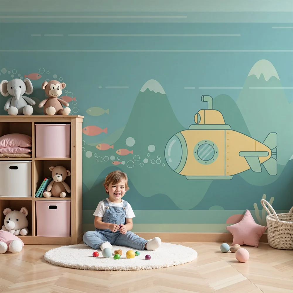 Papel de parede crianç | Submarino e peixes coloridos em um universo aquático