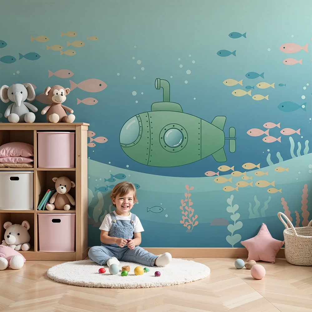 Papel de parede crianç | Submarino e peixes coloridos em um ambiente marinho tranquilo
